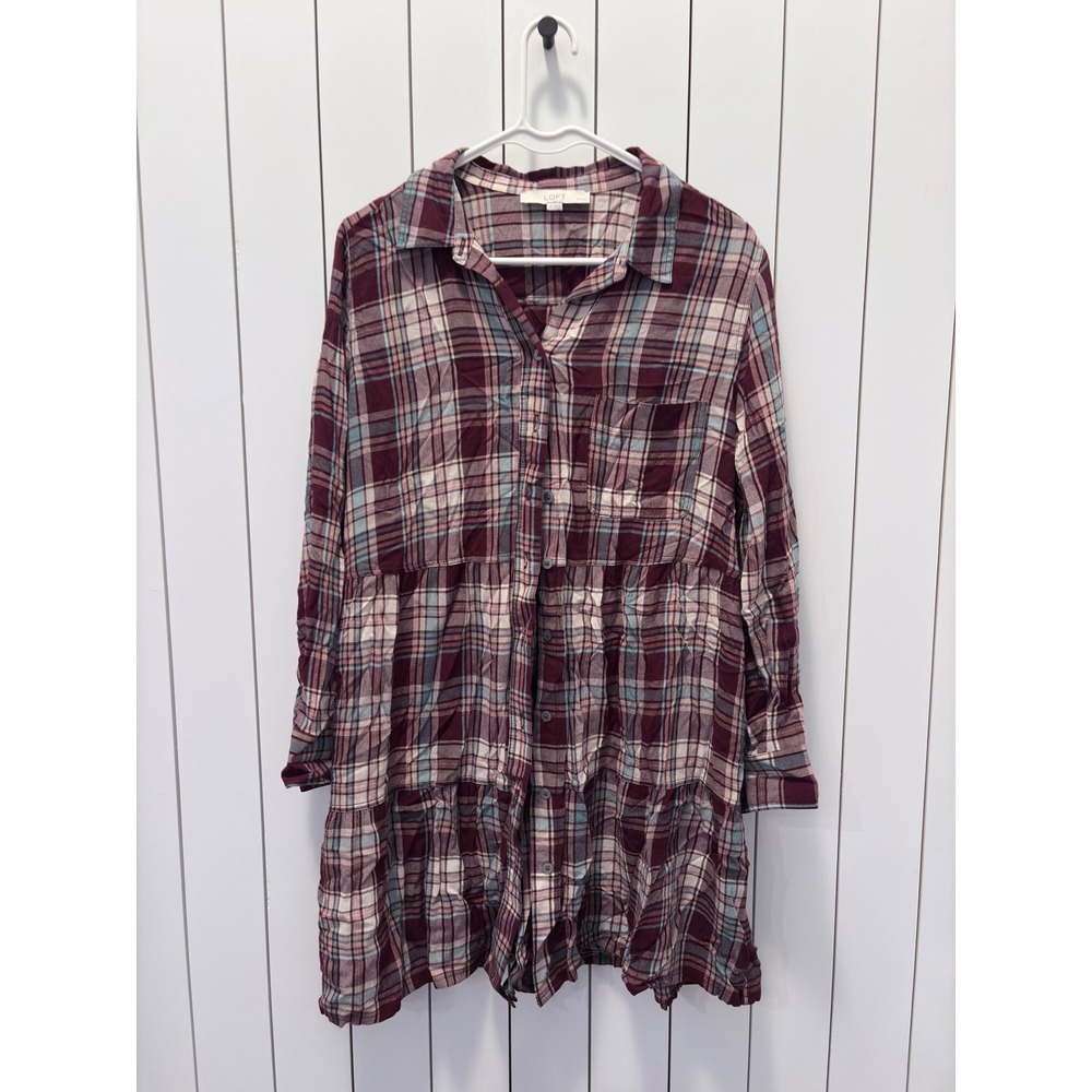 90s Grunge Shirt Dress Women‎ LP Burgundy Plaid Tiered Button Down Rustic Y2K